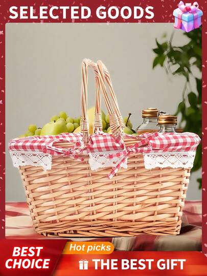 1pc Picnic Basket ,Wicker Picnic Basket With Removable Liner, Picnic Hamper, For Camping,Picnic Date Essentials For Outdoor, Picnic Accessories, Wedding, Picnic, Shopping, Storage, Gifts, Fruits And Vegetables, Etc., Convenient Storage, Simple Portable
