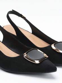 2025 New Wide Fit Suede Pointed Toe Sexy Thick Heel Sandals For Women, Elegant Backstrap Open Toe Black High Heels