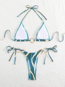 LUCKY HOLIDAY Bộ bikini dây buộc bên hông màu vàng kim thời trang, gợi cảm, thích hợp cho kỳ nghỉ hè trên bãi biển. - xanh quân đội - Xem 4