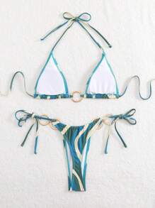 LUCKY HOLIDAY Fashionable Sexy Gold Circular Ring Tie Side Bikini Swimsuit Set