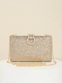 1 Elegante borsa da sera da donna in metallo dorato con strass e cristalli, forma quadrata, pochette luccicante adatta per abiti da sera, matrimonio, ballo