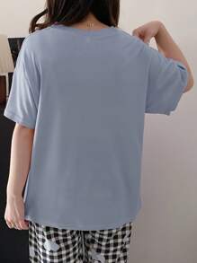 AICJ [Ensemble de pyjama Cœur et Carreaux] Ensemble de pyjama confortable pour femmes avec imprimés cœur, carreaux, nœud, lettres - T-shirt à manches courtes col rond [T-shirt] et pantalon court de pyjama Capri, en tissu en maille, printemps et été - Ensemble de détente ample et décontracté pour la maternité, 2 pièces