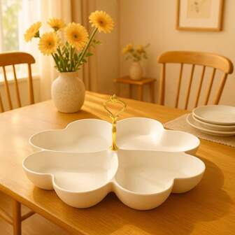 Bandeja de servir de plástico con forma de pétalo y múltiples compartimentos con asa dorada | Organizador elegante de aperitivos para fiestas, decoración del hogar y exhibición de frutas