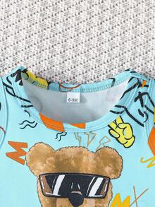 2 件套可爱时尚休闲男婴卡通熊字母图案无袖圆领 T 恤和短裤套装，春夏 - 藍色 - 查看 4