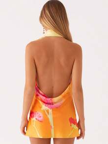 Women's Sleeveless Silk - Like Halter Mini Dress With All - Over Floral Pattern For Outdoor Events - Orange - View 4