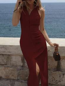 Vestido blanco elegante de trabajo, modelo nuevo 2025, diseño clásico de vestido camisa, ceñido al Body, vestido de playa con cuello halter sin mangas color burdeos para mujer