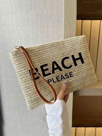1 Stück Stroh-gewebte Clutch Tasche mit Buchstaben Aufdruck, geflochten, kleine Brieftasche, vintage Stroh-gewebte Handtasche, Boho-Stil Strandtasche, minimalistischer Strohtasche, Damen Flechtbeutel für Reise Picknick, perfekt für Sommer Strand Urlaub, für Outdoor, Feiertage, Damen Reißverschluss Handtaschen für Hochschule, Mittelschule, High School, Rückkehr zur Schule, Reisen, Outdoor für Teenager Mädchen, für Schüler, für Jugendliche, weich, vintage, für Feiertage Strand, Bad Kollektion, Schlafzimmer Kollektion, große Kapazität