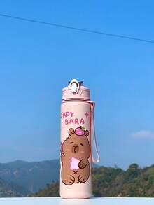 1pc Cartoon Animal Design Water Bottle For Boys & Girls, 800ml Capacity Leak-Proof Spill-Proof Portable Straw Cup With Rope, Suitable For Kindergarten, Preschool, Capybara, Great Gift For Children's Day, Graduation, Outdoor Activities, Students