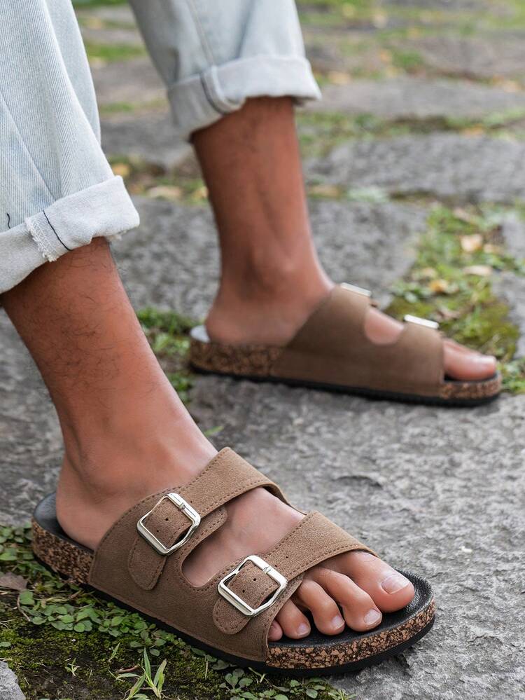 Men's Fashion Double Buckle Casual Slippers, Suitable For Indoor And Outdoor Walking Open Toe Sandals - Brown - View 3