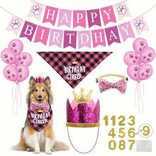 1 套狗狗生日服装，包括：1 个“生日快乐”横幅、8 个爪印气球、1 个亮片皇冠帽、1 个格子围兜、1 个亮片领结、10 个数字贴纸“0-9”、12 个双面圆形贴纸，适合宠物生日派对 - 彩色 - 查看 2