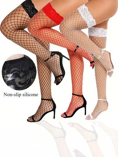 1 双女士加大码性感蕾丝镂空网眼及膝袜，带防滑硅胶