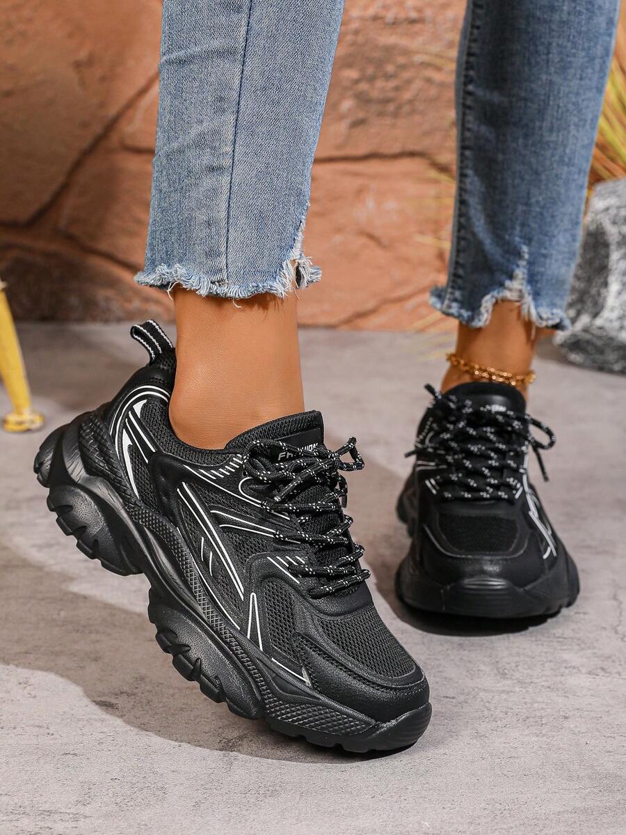 1 Pair Women's Black Athletic Sneakers, Breathable, Comfortable, Lightweight, Platform, Printed Design, Lace-Up, Mesh & Leather Panel Casual Running Shoes, Suitable For Spring/Summer, Fitness, Travel - Black - View 1