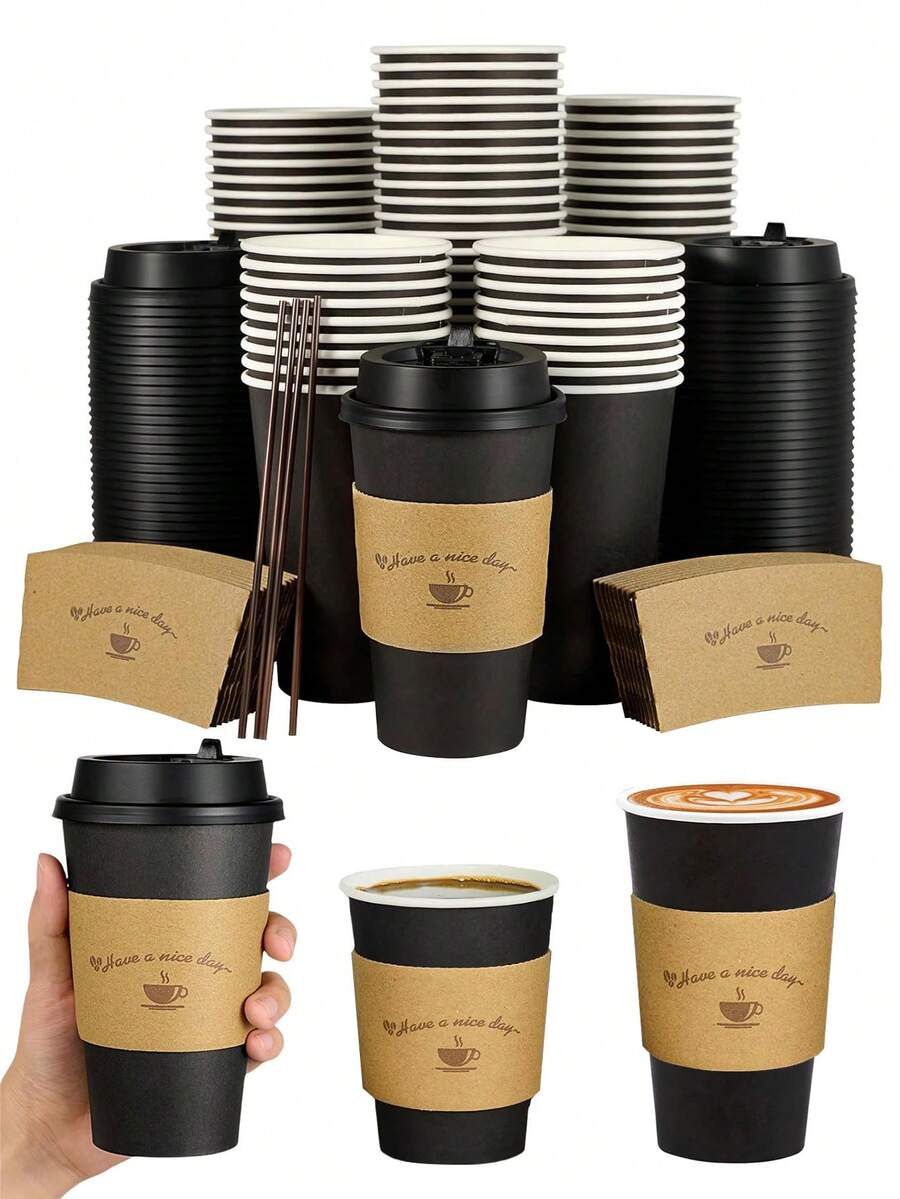 20pcs 14/16 Oz Stylish Black Paper Coffee Cup With Lid & Sleeve, Portable Hot Beverage Cup For Coffee, Chocolate, Tea - Perfect For Home, Office, Party, Wedding, Birthday, Festival Use - Multicolor - View 1
