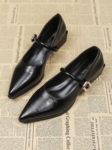 2025 Wiosna/Lato Nowe Francuskie Szpiczaste Czarne Mary Jane Wysokie Obcasy, Pasek Wygodne Grube Obcasy Uniwersalne Stylowe Czółenka - Czarne - Zobacz 2