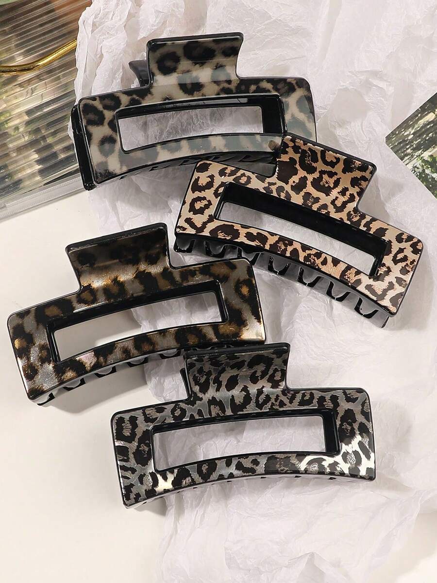 4pcs Leopard Print Hair Clips, Glossy Minimalist Square Hair Accessories, Suitable For Casual Daily Wear - Multicolor - View 1