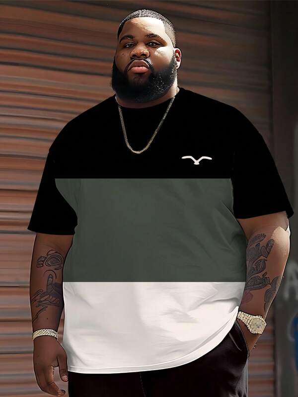 T-shirt imprimé graphique blocs de couleurs à carreaux, grande taille pour hommes - Tissu en maille de polyester, col rond, coupe décontractée, design créatif