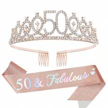 Set de eșarfă și coroană cu trandafir auriu pentru femei, pentru a 21/30/40/50/60/70 de ani, pentru ziua de naștere fabuloasă - Diademă cu stras și pieptene, Eșarfă cu sclipici pentru femei, Bandă de păr cu cristale, cadouri pentru prieteni, Decorațiuni și marturii pentru petrecere - Decorațiuni de ziua de naștere, Accesorii de Ziua Îndrăgostiților - Multicolor - Vizualizare 12