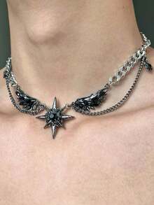 1pc Y2K Black Feather Wing & Star Pendant Necklace, Punk Hip-Hop Gothic Grunge Cool Girl Choker Multi-Layer Stacked Stainless Steel Chain, Goth Alternative Unique Collarbone Chain Edgy Dark Jewelry For Music Dance Festivals Or Vampire-Themed Evening Glam