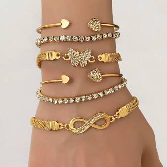 3/6 件套时尚珠宝手链套装，女士心形和蝴蝶形水钻装饰，手镯套装，适合日常佩戴