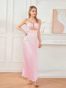 Y2k Floral Cut Out Strapless Maxi Dress For Women 2025 Summer Backless Bodycon Satin Tube Dress Off Shoulder Formal Cocktail Beach Long Sundress - Hồng - Xem 8