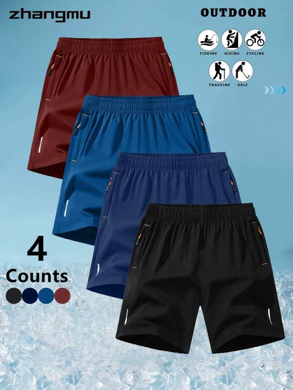 4 Stücke/Set Herren Outdoor Sport Fitness Shorts mit Kordelzug in der Taille, reflektierendem Streifen, dünn und atmungsaktiv, für Frühling & Sommer