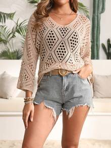 Plus Size Women's Solid Color Hollow Diamond Pattern Pullover Sweater - Khaki - View 3