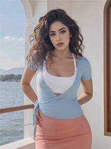 Women's Wrap V Neck Tops Basic Short Sleeve Solid Color Tie Side T-Shirts Workout Blouses