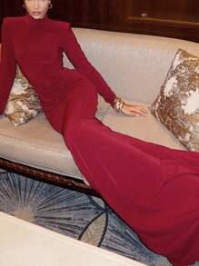 Women's High Neck Long Sleeve Padded Shoulder Ruched Fishtail Dress, Evening Gown