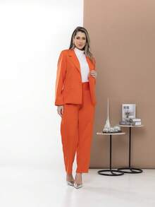 Women's Blazer And Tailored Pants Set - Orange - View 3