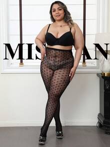 Plus Size Women Gothic Dotted Fishnet Pantyhose, Skinny High Stretchy Tights With Bow Floral Jacquard, Suitable For Halloween Y2K - Black - View 22