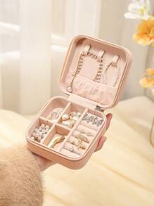 CASEGRACE 1pc PU Leather Square Jewelry Box Organizer Portable Necklace Ring Jewellery Storage Case For Valentine's Day Gift Back To School