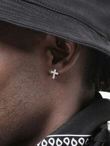 1 Pair Simple Personalized Fully Rhinestone Cross Stud Earrings, Men's Hip-Hop Micro-Inlaid Cubic Zirconia Earrings - Silver - View 3