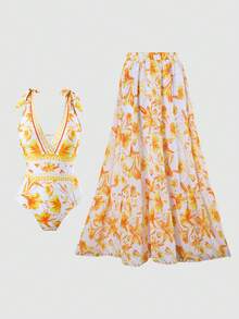 2024 New European & American Cross-Border Women One-Piece Swimsuit With Skirt, Fashionable, Slimming, Sexy Swimwear - Burnt Orange - View 7