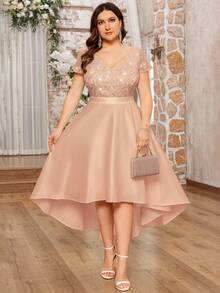 V领蕾丝拼接亮片撞色缎面高低摆A字正式连衣裙，适合晚宴、派对、婚礼宾客、夏季、生日、毕业典礼、返校、度假等场合。 - 香檳色 - 查看 4