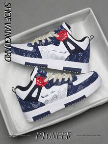 Men's Comfortable High Top Random Vintage Print Lightweight Casual Sports Shoes, Outdoor Street Unisex Plus Size Daily Versatile Letter Color Block Flat Sneakers - White Orchid - View 2