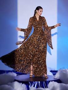 Brown V-Neck Long Sleeve Chiffon Dress, Modest - Brown - View 4