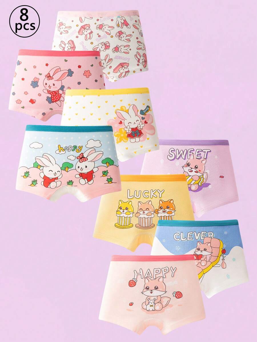 8 Pieces Of Cartoon Rabbit Print Young Girl Boxers, Comfortable Big Girl Baby Purple Boxer Briefs Four Seasons Without