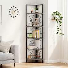 5-Tier Corner Bookshelf With Metal Frame, Corner Shelf Standing, Freestanding Storage Shelf, Plant Stand, Ladder Stand, Storage Shelf For Office, Living Room & Kitchen (Gray) - Grey - View 1