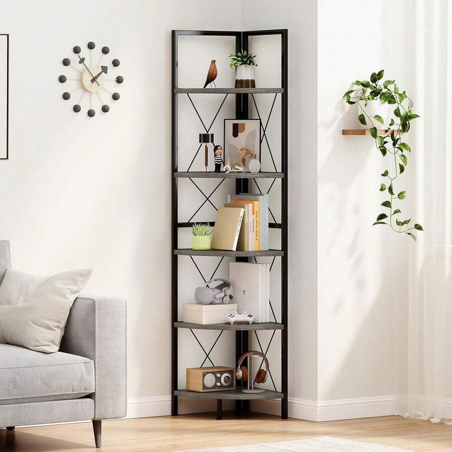 5-Tier Corner Bookshelf With Metal Frame, Corner Shelf Standing, Freestanding Storage Shelf, Plant Stand, Ladder Stand, Storage Shelf For Office, Living Room & Kitchen (Gray) - Grey - View 1