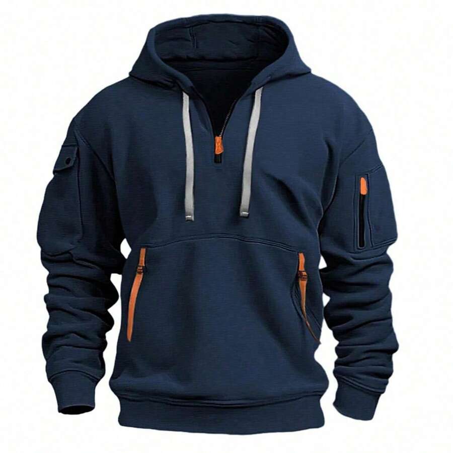 Men's Hooded Zipper Sweatshirt With Multiple Pockets, Casual Pullover Sweatshirt, Suitable For Spring Autumn - Navy Blue - View 1