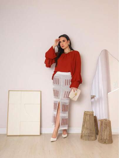 Saia Midi Rendada com Fenda Feminina com forro em Tricot Crochê Moda Verão Praia Bloqueira