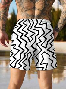 1pc Men's Plus Size Geometric Print Quick-Dry Casual Beach Shorts, Loose Fit Summer Vacation Shorts Suitable For Daily Outdoor Use