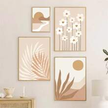 1pc/3PCS Wall Arts Posters Modern Beige Brown Abstract Sun Poster Bohemian Palm Leaf Canvas Printing Daisy Wall Art Painting Modern Poster Wall Painting Bedroom Decoration, Frameless/With Frame ,Wall Art With Frame