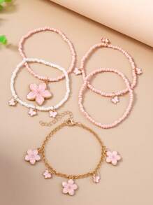 5pcs Set Cute Butterfly Floral Beaded Bracelets For Women, Everyday Wear