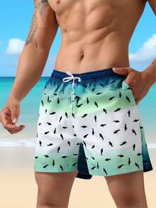 Men's Drawstring Waist Gradient Ombre Printed Casual Beach Shorts,Hawaiian - Blue - View 1