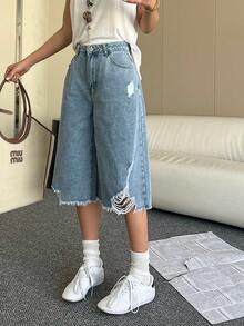 女士破洞不对称下摆牛仔七分裤 - 淺色水洗藍 - 查看 4