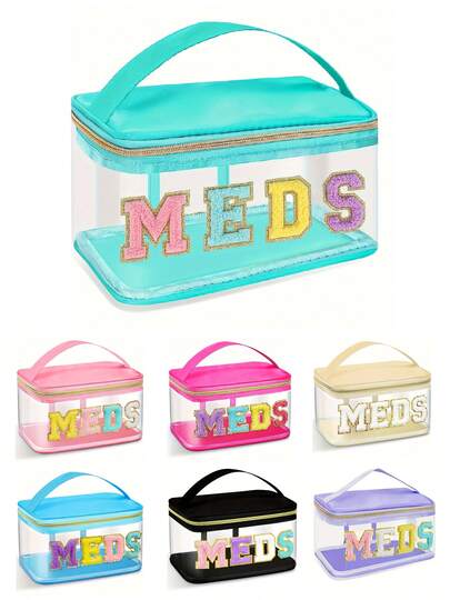 Fashion Transparent PVC Cosmetic Bag, 7 Color Options, MEDS Makeup Bag - With Handle Transparent PVC Travel Medicine Storage Bag, Waterproof Nylon Zipper Toiletry Bag, Medicine Storage Bag, Suitable For Patients And Nurses