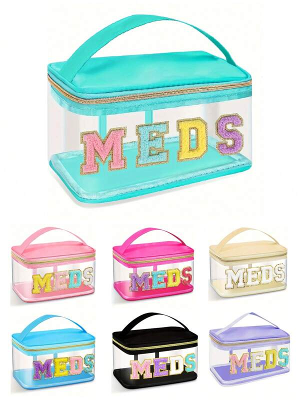 Sac cosmétique transparent à la mode en PVC, 7 couleurs au choix, sac de maquillage MEDS - avec poignée, sac de rangement de médicaments transparent en PVC pour voyage, sac de toilette imperméable à fermeture éclair en nylon, sac de rangement de médicaments, convient aux patients et aux infirmières