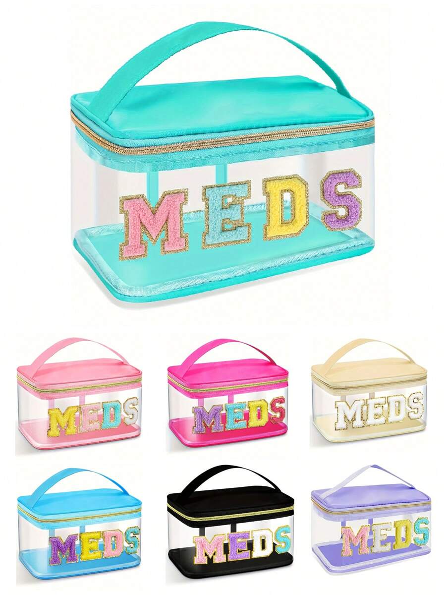 Fashion Transparent PVC Cosmetic Bag, 7 Color Options, MEDS Makeup Bag - With Handle Transparent PVC Travel Medicine Storage Bag, Waterproof Nylon Zipper Toiletry Bag, Medicine Storage Bag, Suitable For Patients And Nurses