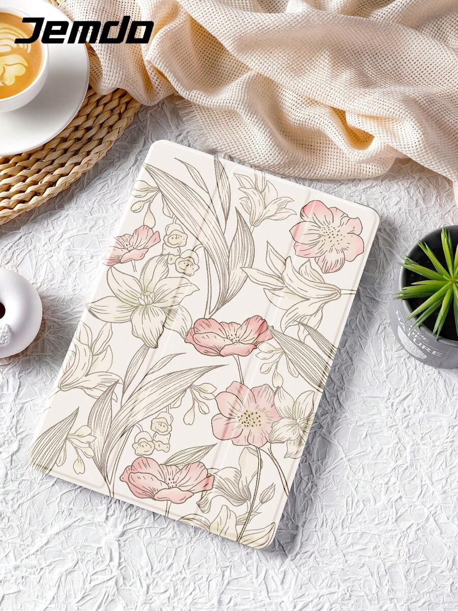 线性百合花图案平板电脑保护壳，适用于 iPad 10.2 英寸、iPad Pro 2021/2020、iPad 9/10 代、Galaxy Tab A8 10.5 英寸 2022、Matepad 10.4 英寸、Tab，防摔设计带铅笔槽，支持睡眠/唤醒 - 彩色 - 查看 1